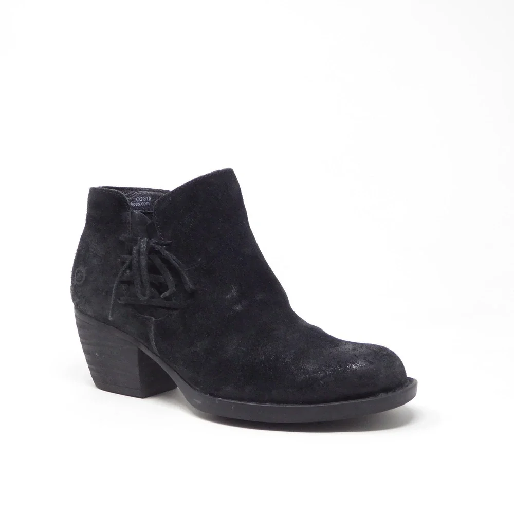 Born Bessie Women Ankle Boots Black Suede Leather Lace Up Side Zip F56903 Size 6